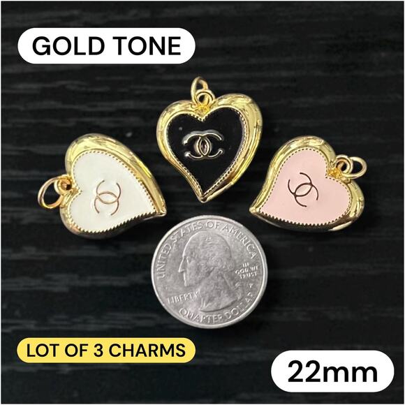 Lot Of 3 CC Heart Gold Tone Zipper Pull Button Charms 22mm - Picture 1 of 2